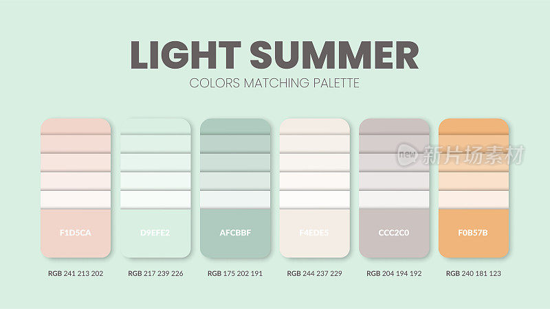 调色板在一个夏季色彩主题集合。配色方案或配色图模板。颜色组合集的RGB, HSL和HEX代码。色板的艺术，时尚，家居设计，或网页设计。